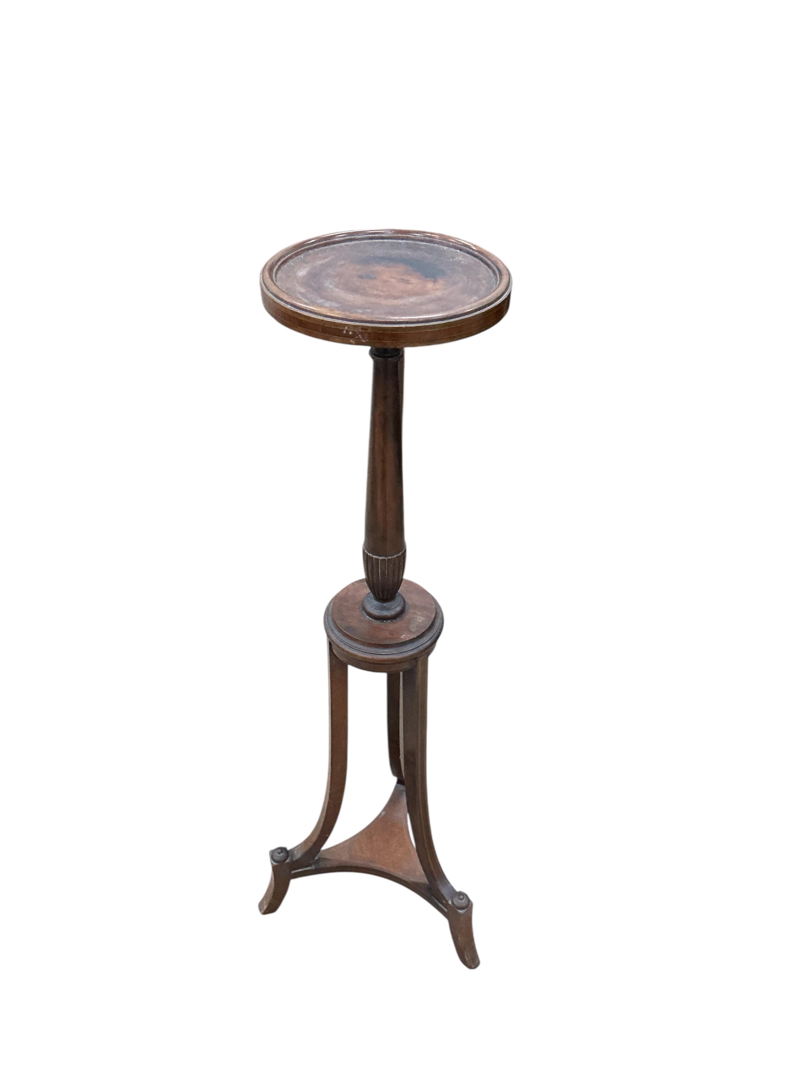 An Edwardian satinwood banded mahogany torchere, height 106cm